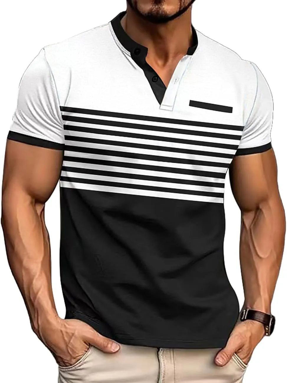 Men's Casual Henley Short Sleeves Stripe Color Blocking Quarter Buttoned Classic fit T-Shirt