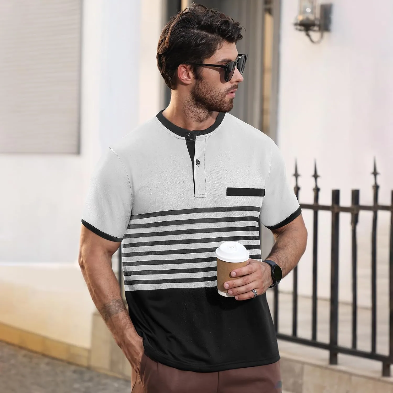 Men's Casual Henley Short Sleeves Stripe Color Blocking Quarter Buttoned Classic fit T-Shirt
