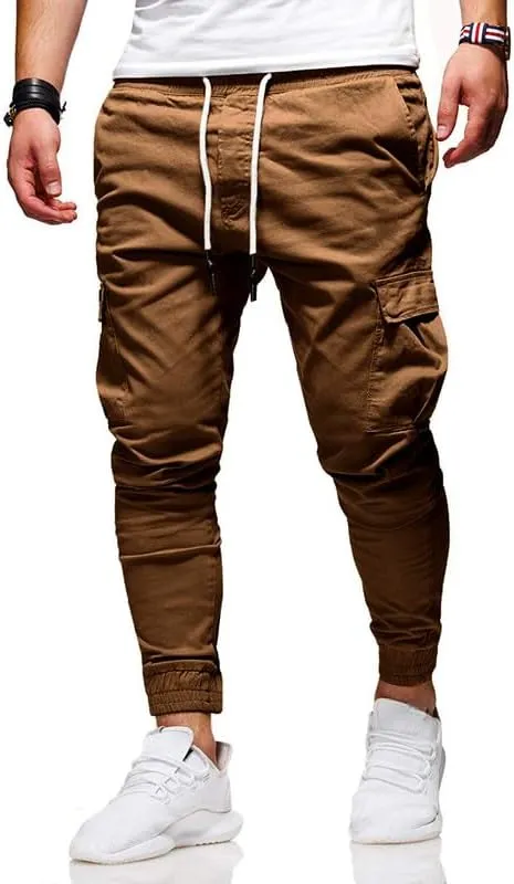 Men's Casual Pants - Cotton Chino Cargo Pants for Hiking and Outdoor Recreation, Drawstring Sweatpants in Twill Track Jogging