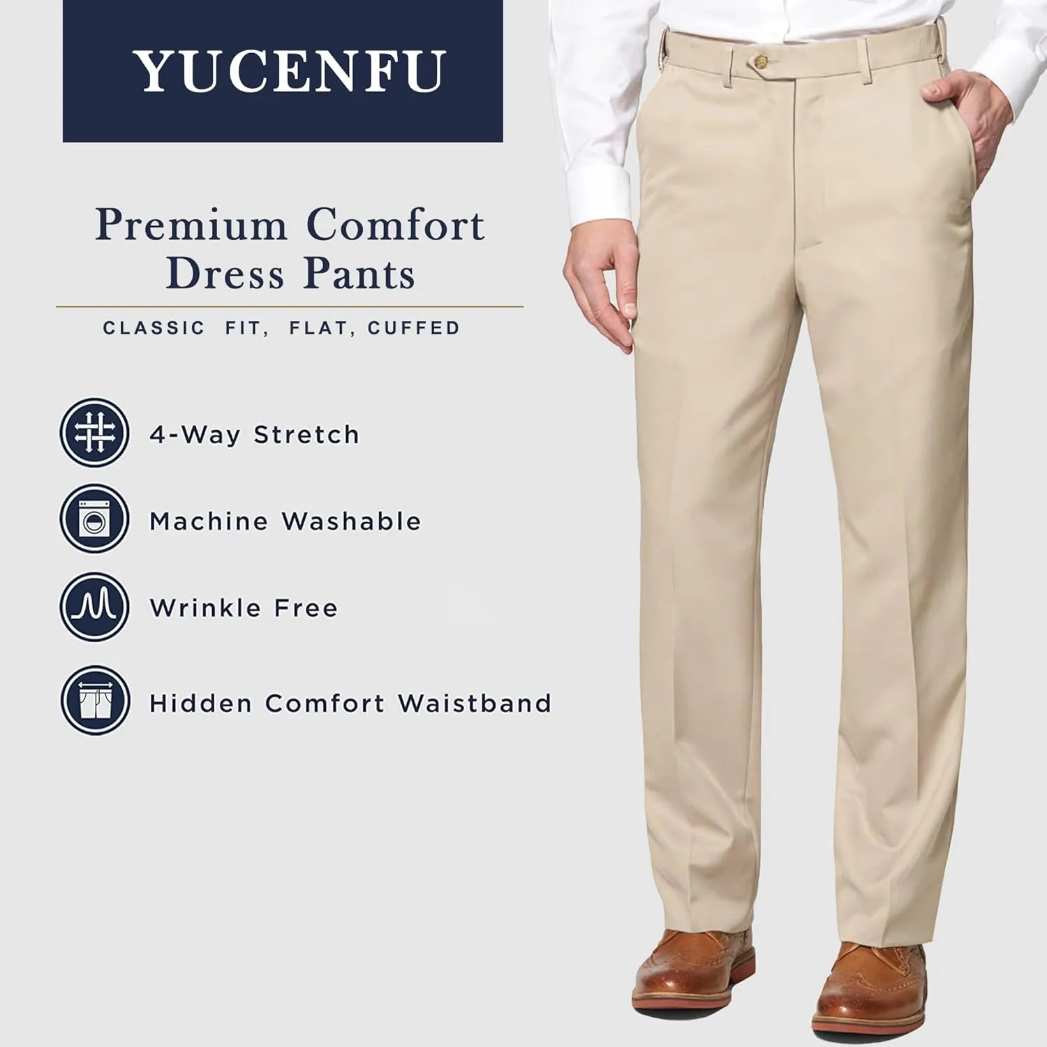 Men's Cozy Hidden Expandable Waist Dress Pants | Premium Stretch Texture Weave Work to Weekend Pants