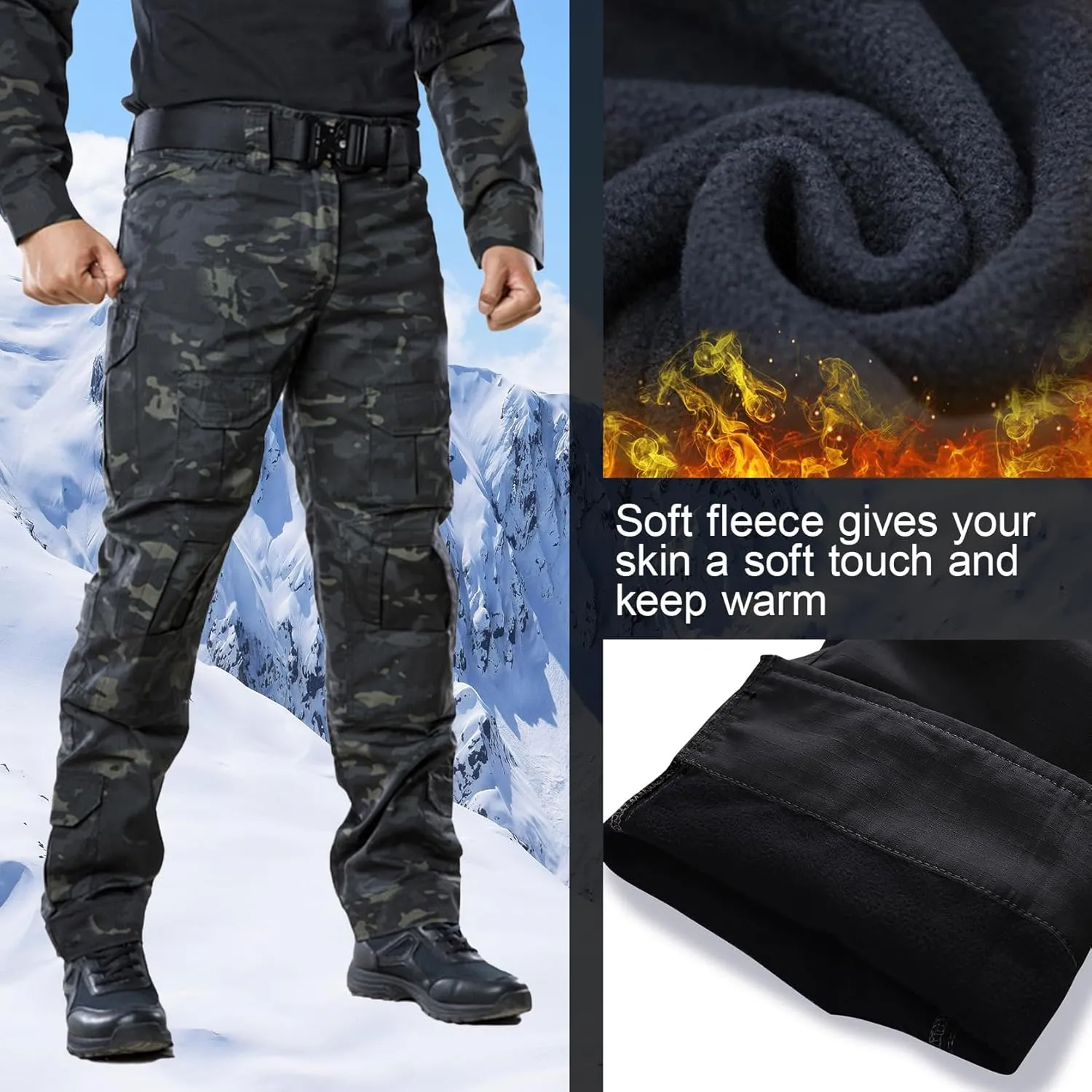 Men's Fleece Lined Tactical Pants Waterproof Hiking Pants Casual Thermal Cargo Pants Winter Insulated Work Pants