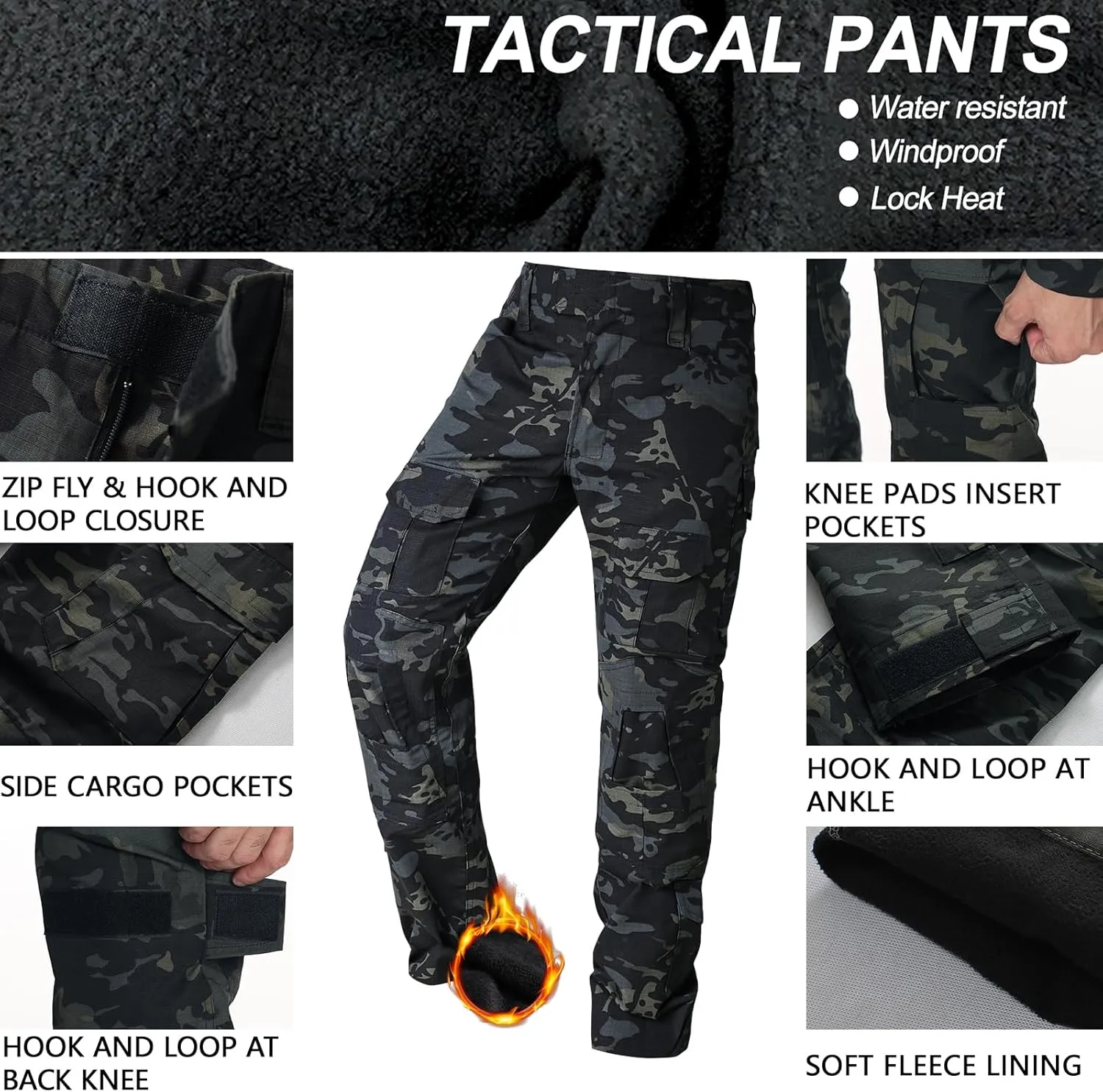 Men's Fleece Lined Tactical Pants Waterproof Hiking Pants Casual Thermal Cargo Pants Winter Insulated Work Pants