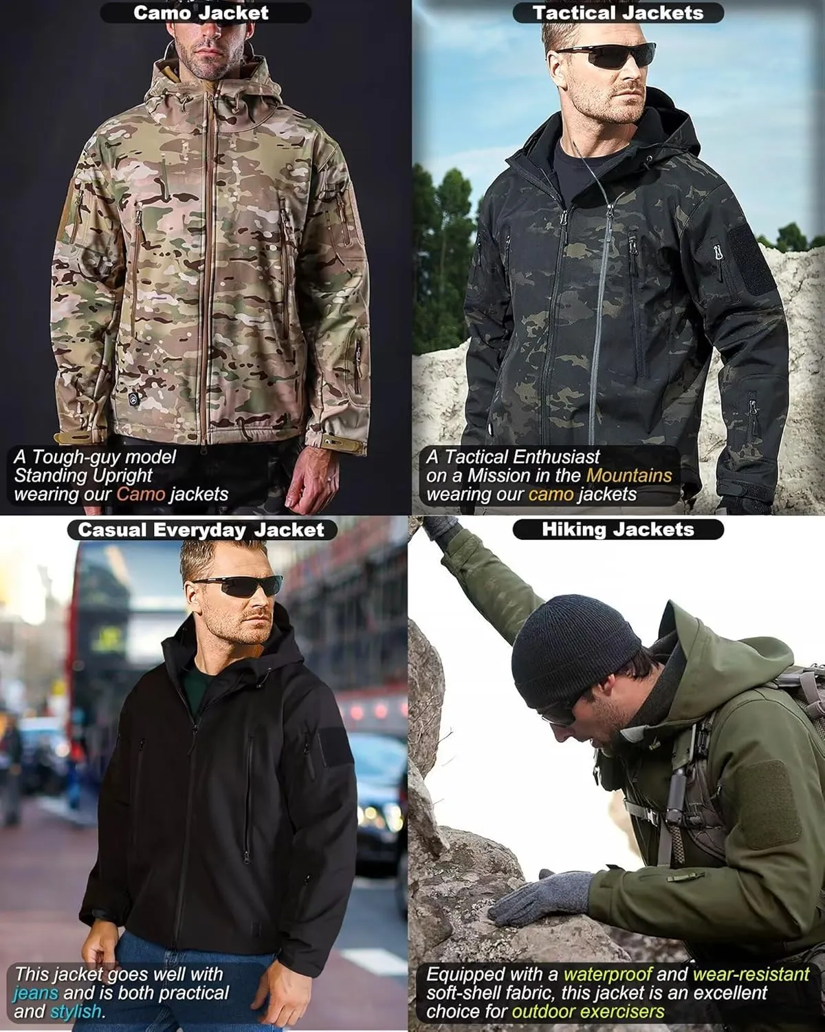 Men's Hooded Softshell Jacket,Waterproof Windbreaker,Insulated,Fall Winter,Fleece Lined,Snow Rain Jackets 6 Zip-Pocket