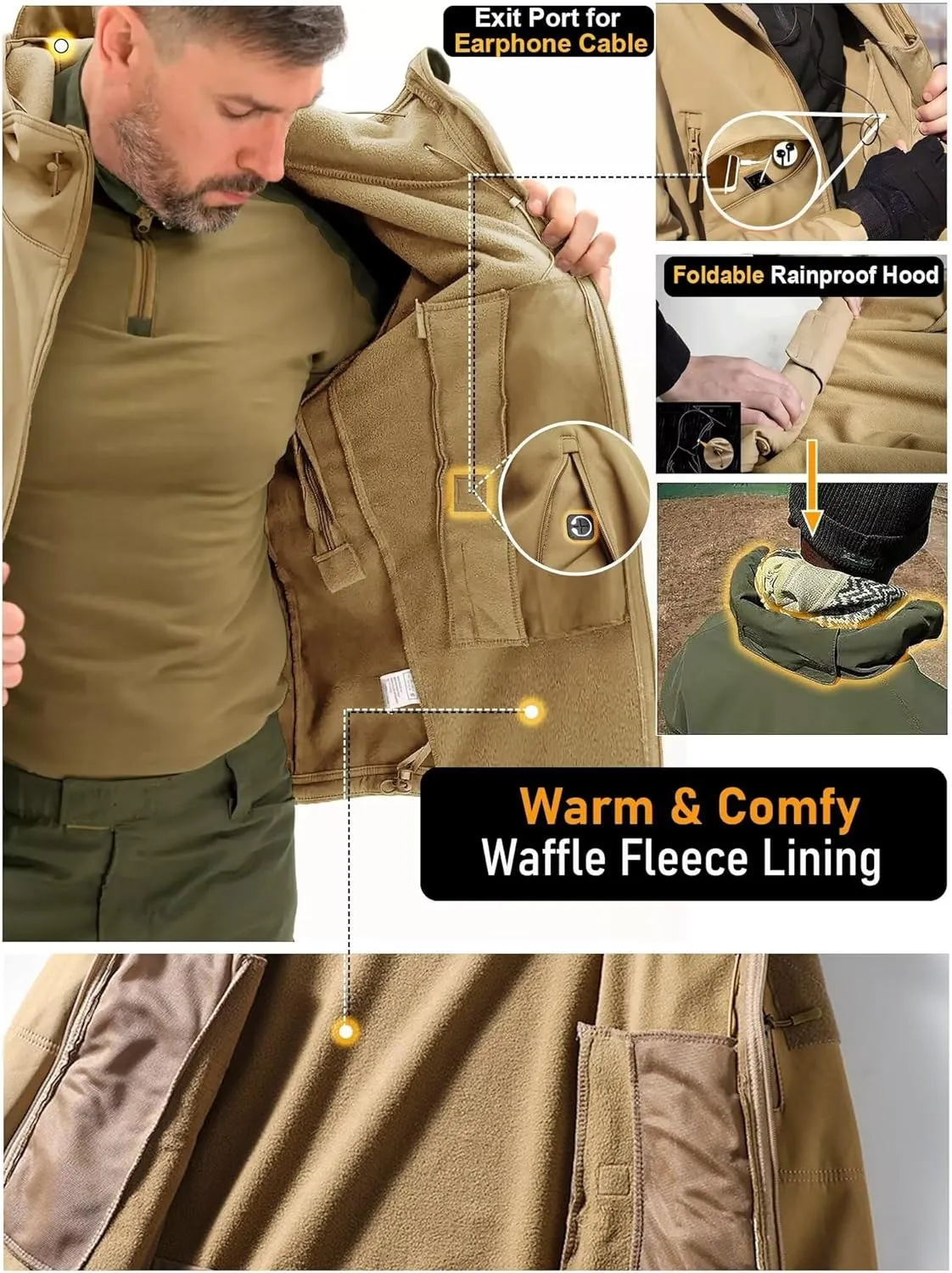 Men's Hooded Softshell Jacket,Waterproof Windbreaker,Insulated,Fall Winter,Fleece Lined,Snow Rain Jackets 6 Zip-Pocket