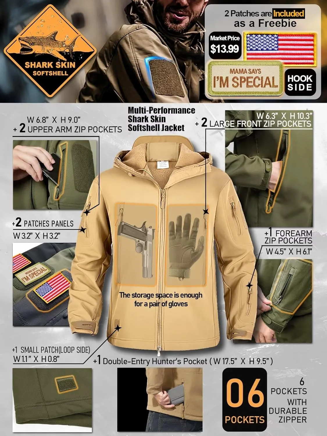 Men's Hooded Softshell Jacket,Waterproof Windbreaker,Insulated,Fall Winter,Fleece Lined,Snow Rain Jackets 6 Zip-Pocket