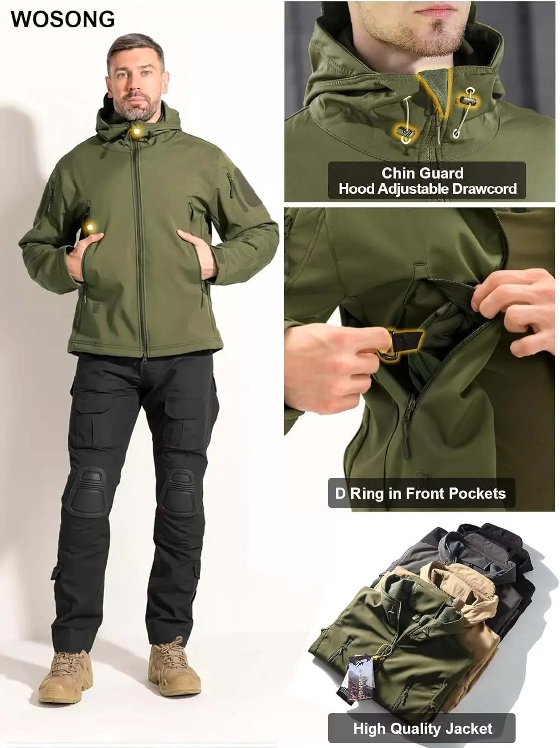 Men's Hooded Softshell Jacket,Waterproof Windbreaker,Insulated,Fall Winter,Fleece Lined,Snow Rain Jackets 6 Zip-Pocket