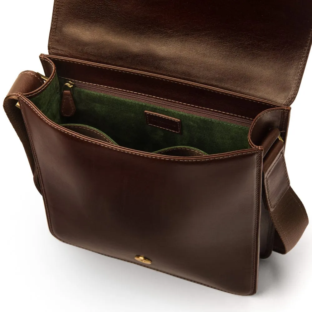 Men's Leather Messenger Bag With Buckle - Brown