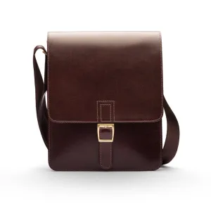 Men's Leather Messenger Bag With Buckle - Brown