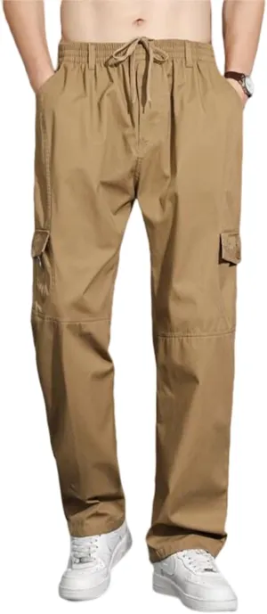 Men's Twill Loose Fit Lightweight Drawstring Full Elastic Waist Pull On Cargo Pants