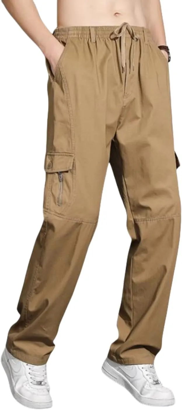 Men's Twill Loose Fit Lightweight Drawstring Full Elastic Waist Pull On Cargo Pants
