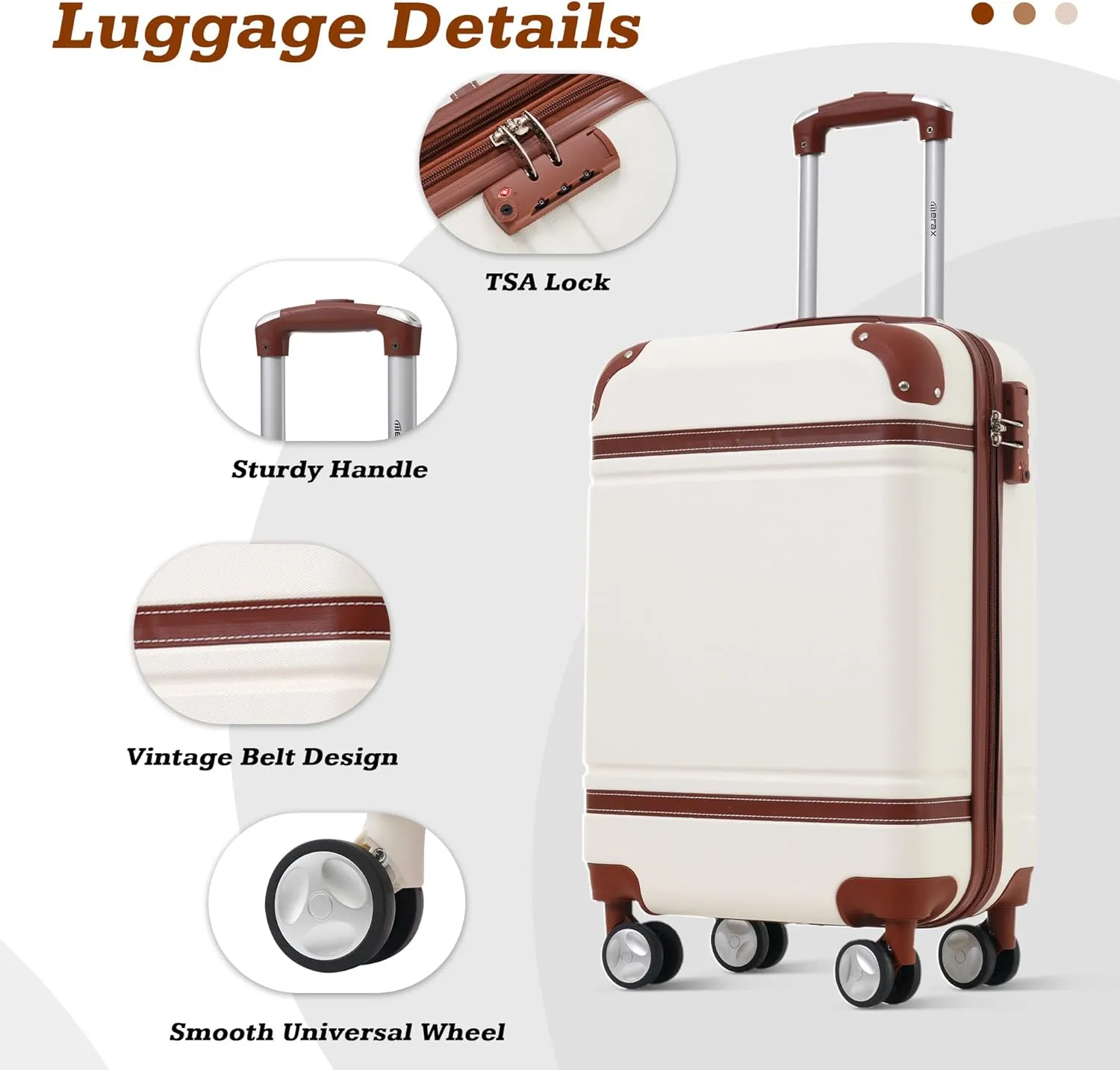 Merax Luggage Set,20 IN Hardside Suitcase with Duffel Bags,3 Piece Luggage with Spinner Wheels, Vintage Luggage with TSA Lock Lightweight,(White)