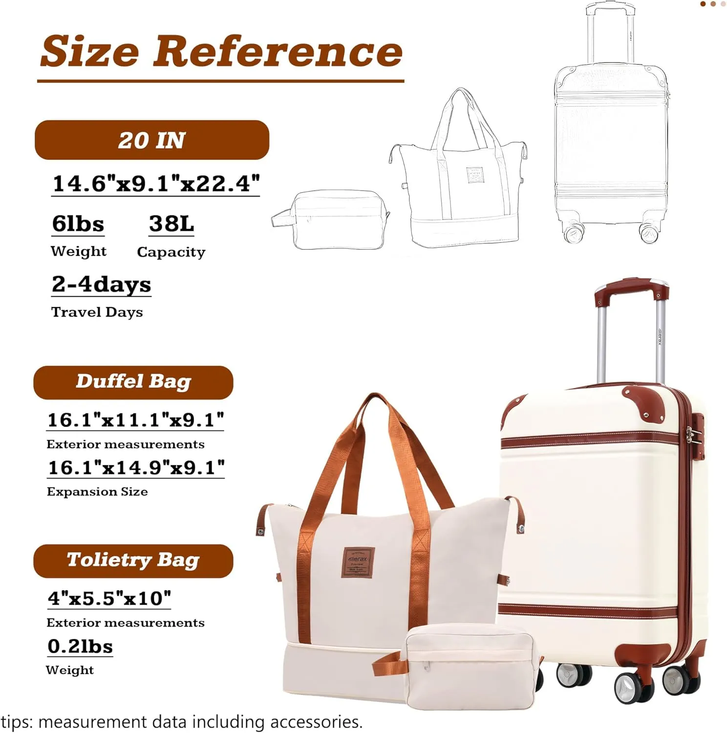 Merax Luggage Set,20 IN Hardside Suitcase with Duffel Bags,3 Piece Luggage with Spinner Wheels, Vintage Luggage with TSA Lock Lightweight,(White)