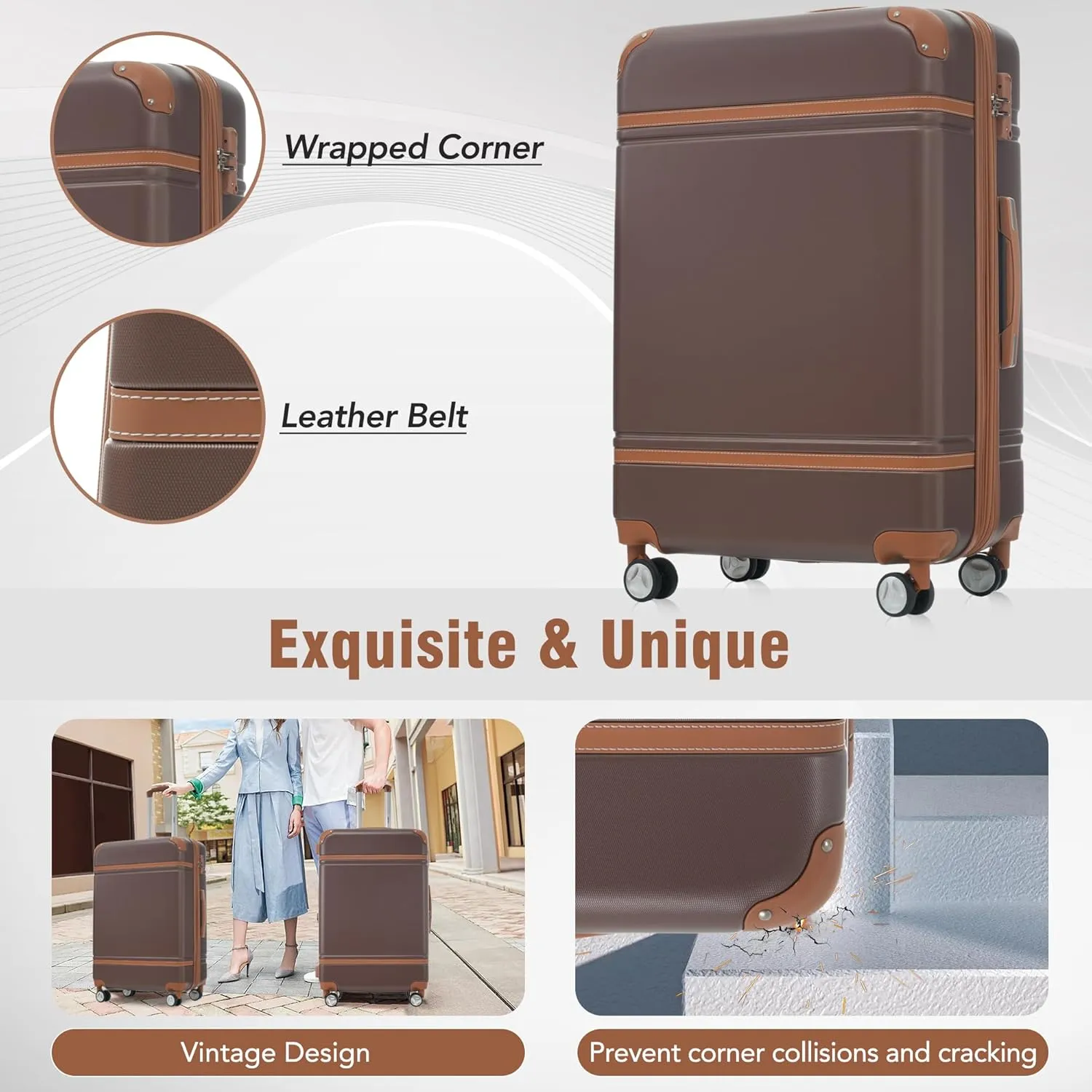 Merax Luggage Women with TSA Lock Spinner Wheel 4 Pc Suitcase, Brown, 4-Piece Set