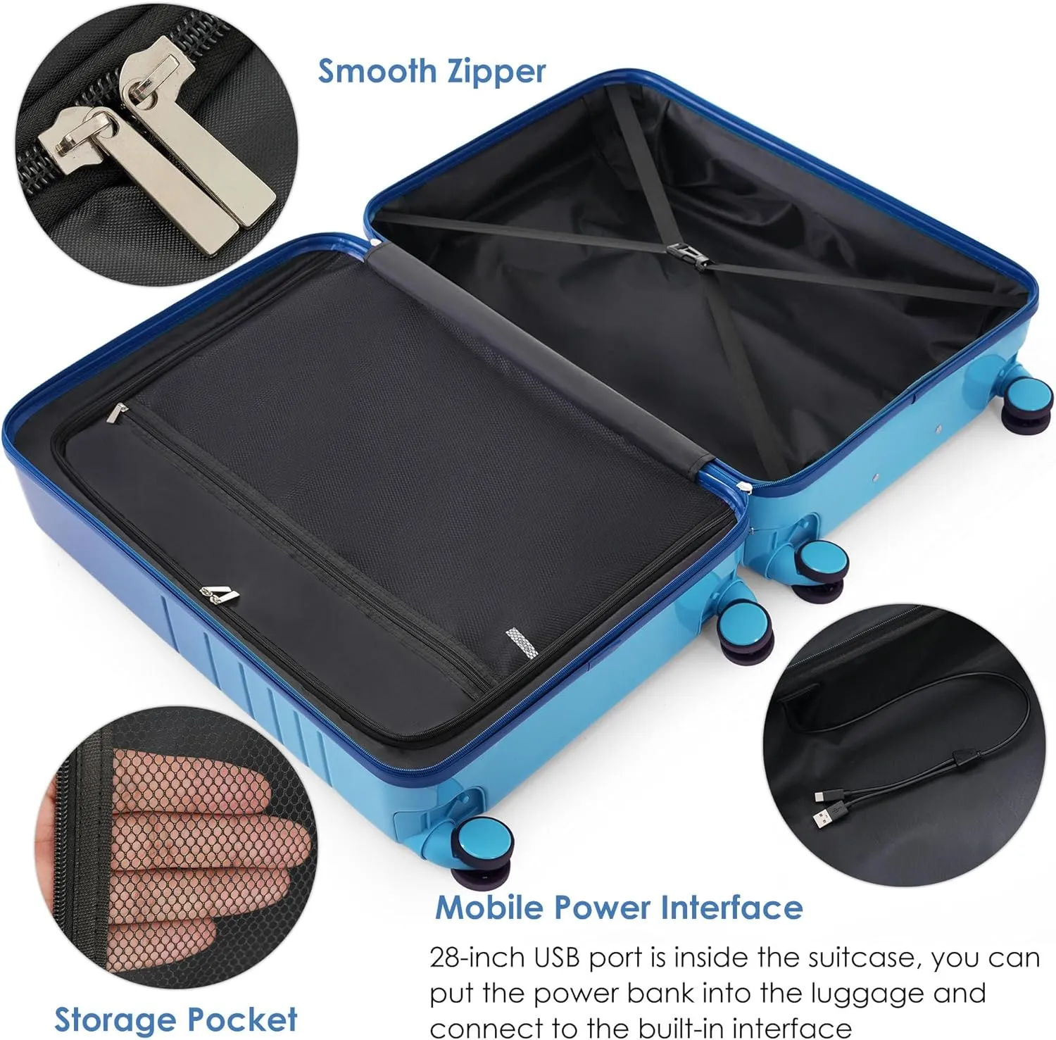 Merax Set of 3, ABS Hardside Luggage Sets TSA Lock Spinner Wheel Suitcase, Blue and Navy, 20/24/28 Inch