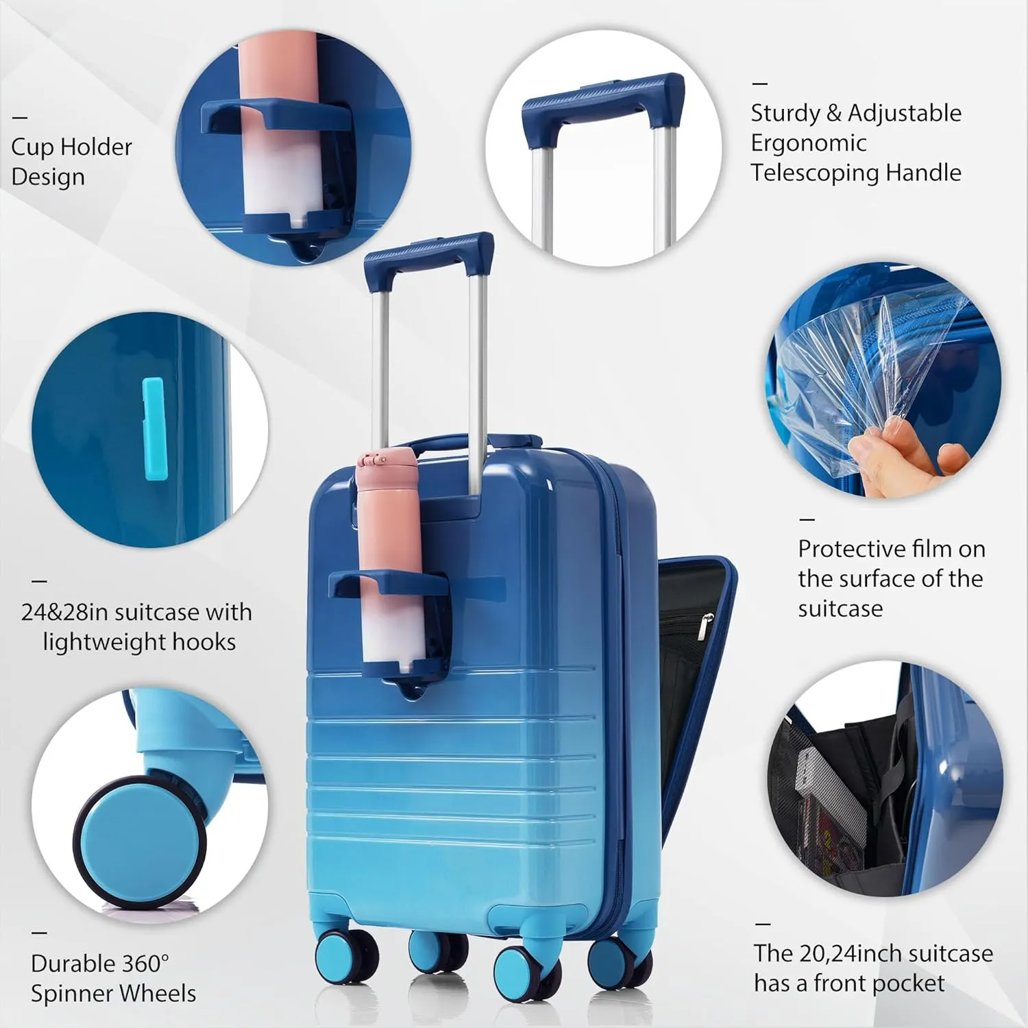 Merax Set of 3, ABS Hardside Luggage Sets TSA Lock Spinner Wheel Suitcase, Blue and Navy, 20/24/28 Inch