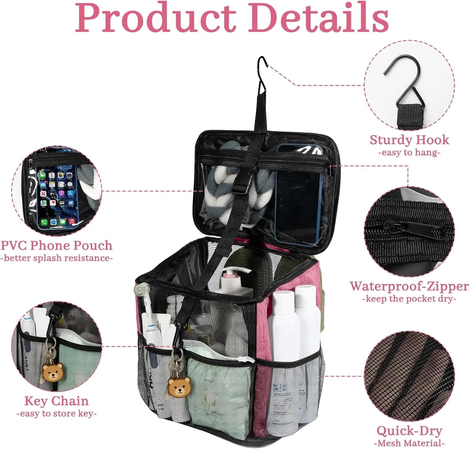 Mesh Shower Caddy Portable Beach Bag College Dorm Room Essentials Tote Bag For Bathroom, Gym, Travel, Camping Quick Dry Hanging Shower Organizer Basket Toiletry Bags, Pink