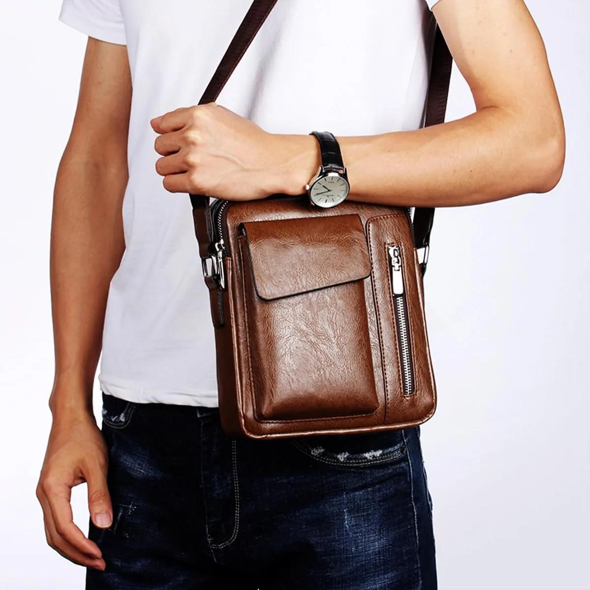 Messenger Bag for Men Crossbody Shoulder Purse Small Vintage PU Leather Satchel Pouch Side Crossover Handbag
