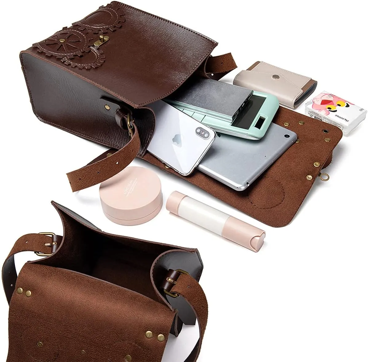 Messenger Bag Leather Retro Briefcase Steampunk Crossbody Shoulder Purse Satchel for Women Lolita Gothic Costume Accessory