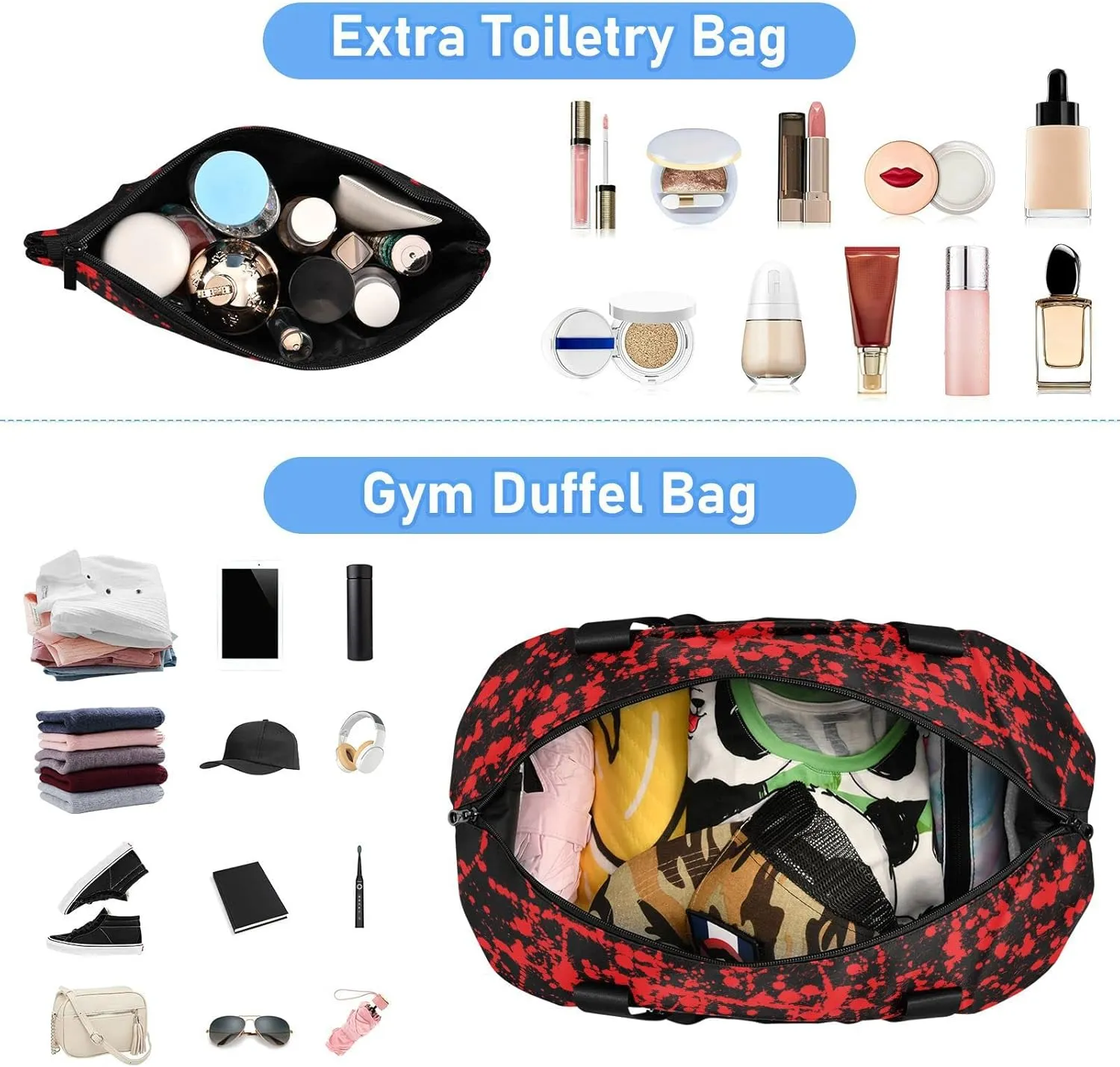 Messy Red Ink Splashed on Black Abstract Red Blood Paint Gym Duffel Bag, Polyester Travel Weekender Luggage Handbag with Waterproof Pocket for Wet Items, Unisex Foldable Tote for Sports