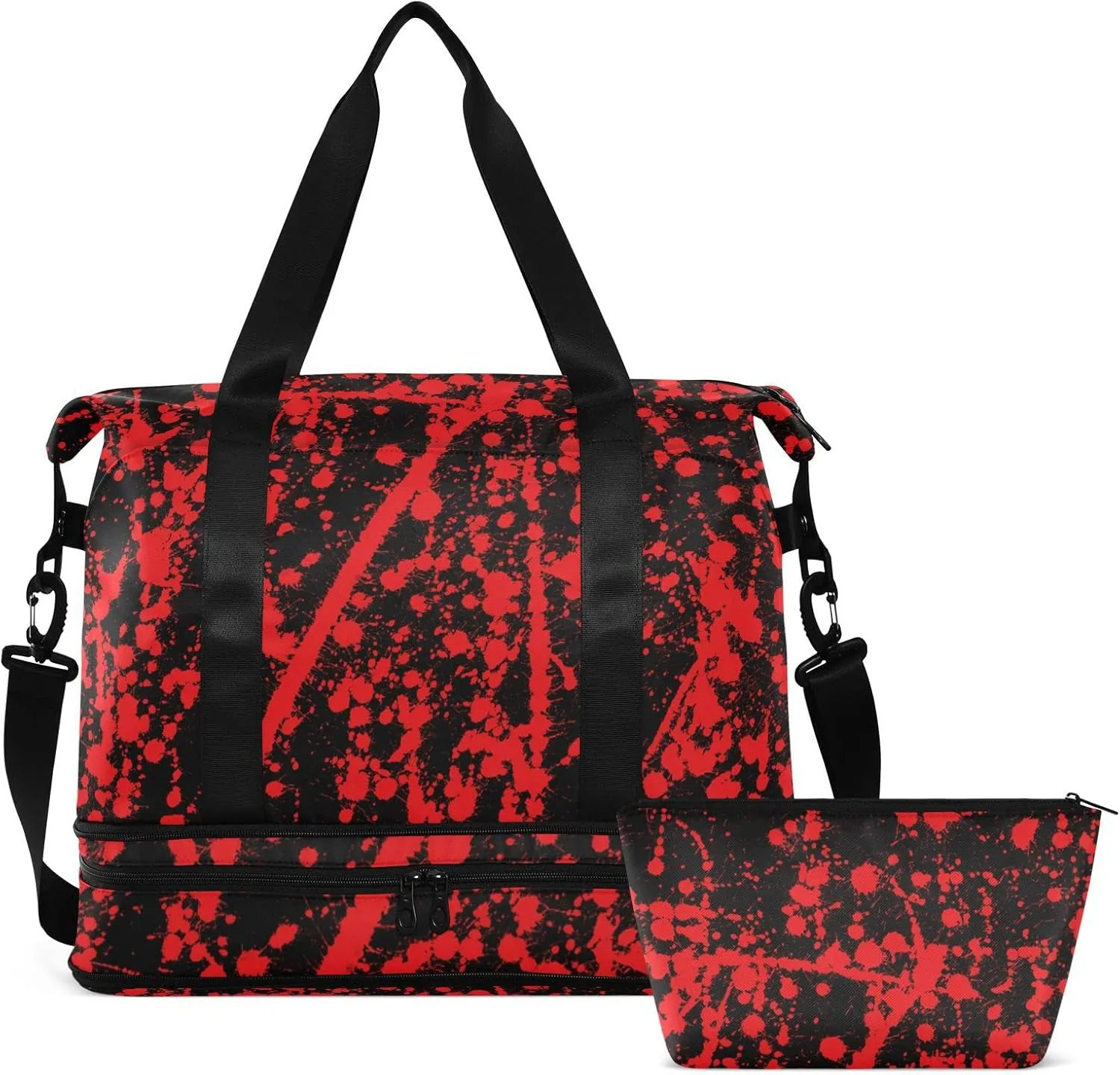 Messy Red Ink Splashed on Black Abstract Red Blood Paint Gym Duffel Bag, Polyester Travel Weekender Luggage Handbag with Waterproof Pocket for Wet Items, Unisex Foldable Tote for Sports