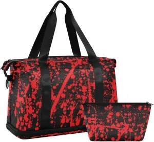 Messy Red Ink Splashed on Black Abstract Red Blood Paint Gym Duffel Bag, Polyester Travel Weekender Luggage Handbag with Waterproof Pocket for Wet Items, Unisex Foldable Tote for Sports