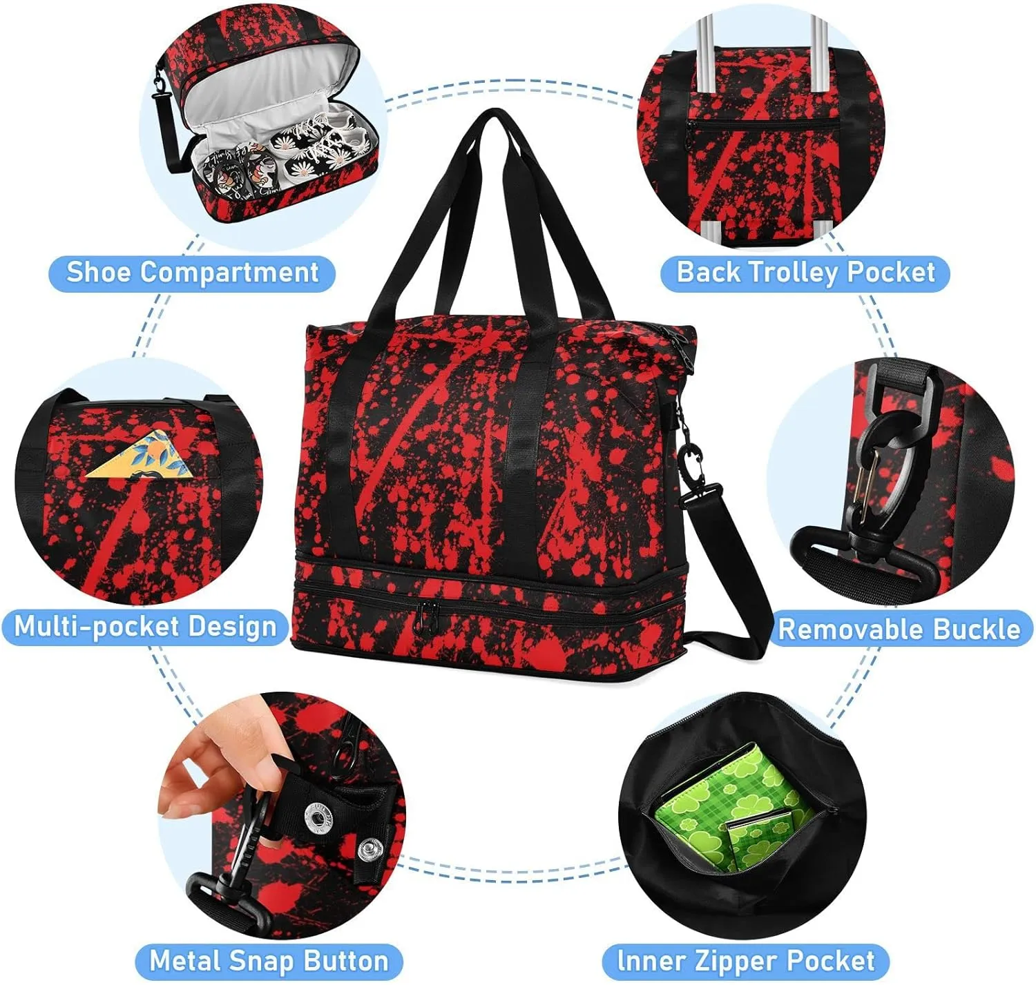 Messy Red Ink Splashed on Black Abstract Red Blood Paint Gym Duffel Bag, Polyester Travel Weekender Luggage Handbag with Waterproof Pocket for Wet Items, Unisex Foldable Tote for Sports