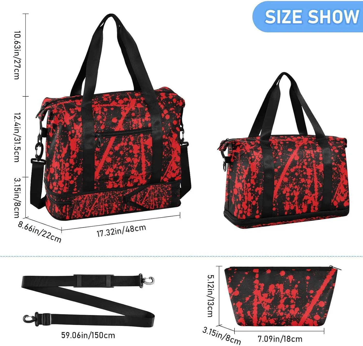 Messy Red Ink Splashed on Black Abstract Red Blood Paint Gym Duffel Bag, Polyester Travel Weekender Luggage Handbag with Waterproof Pocket for Wet Items, Unisex Foldable Tote for Sports