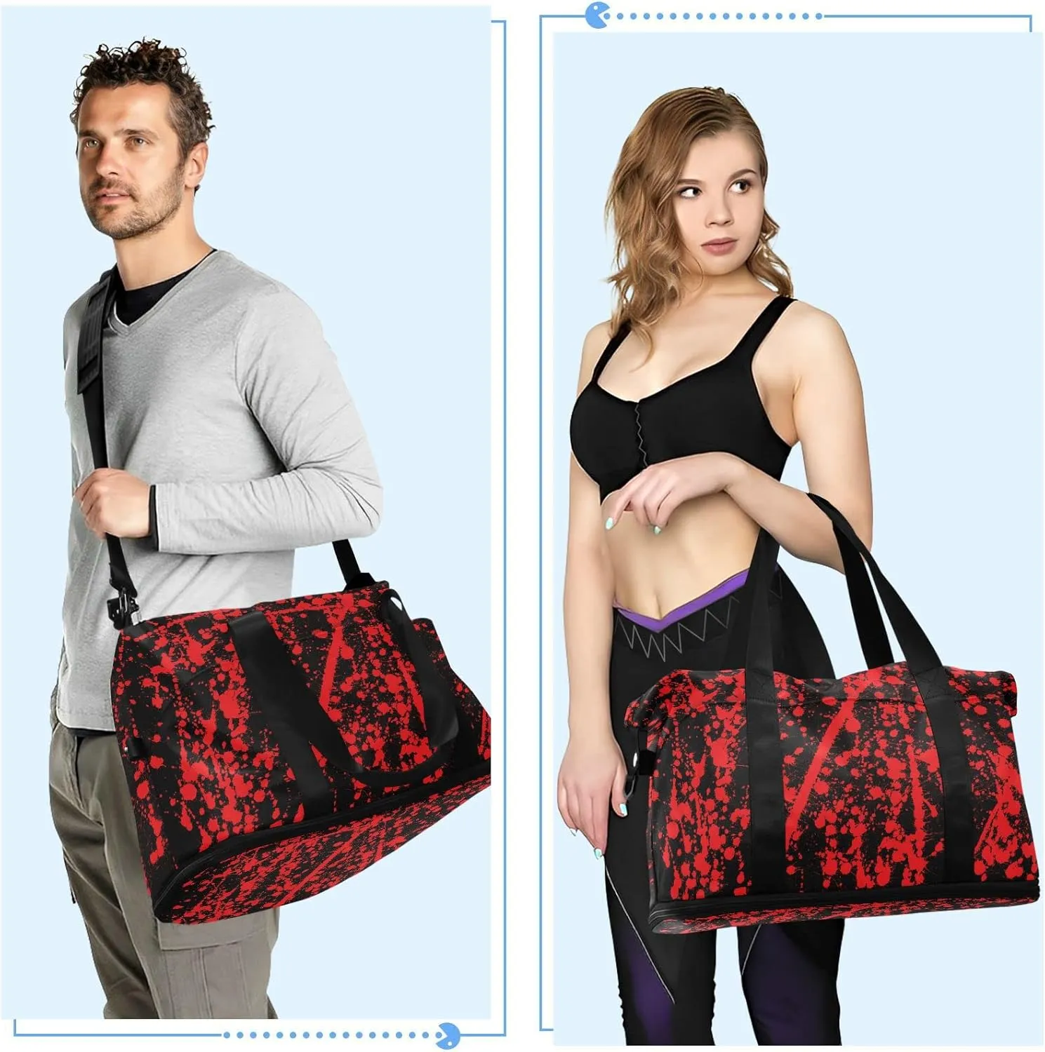 Messy Red Ink Splashed on Black Abstract Red Blood Paint Gym Duffel Bag, Polyester Travel Weekender Luggage Handbag with Waterproof Pocket for Wet Items, Unisex Foldable Tote for Sports
