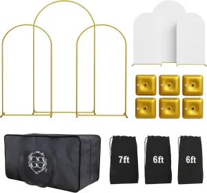 Metal Arch Backdrop Stand Set of 3 Gold with White Spandex Covers – 7ft, 6ft, and 6ft Arches, Carrying Case and Bags, Water Weights for Wedding, Birthday, Party, and Baby Shower Decor