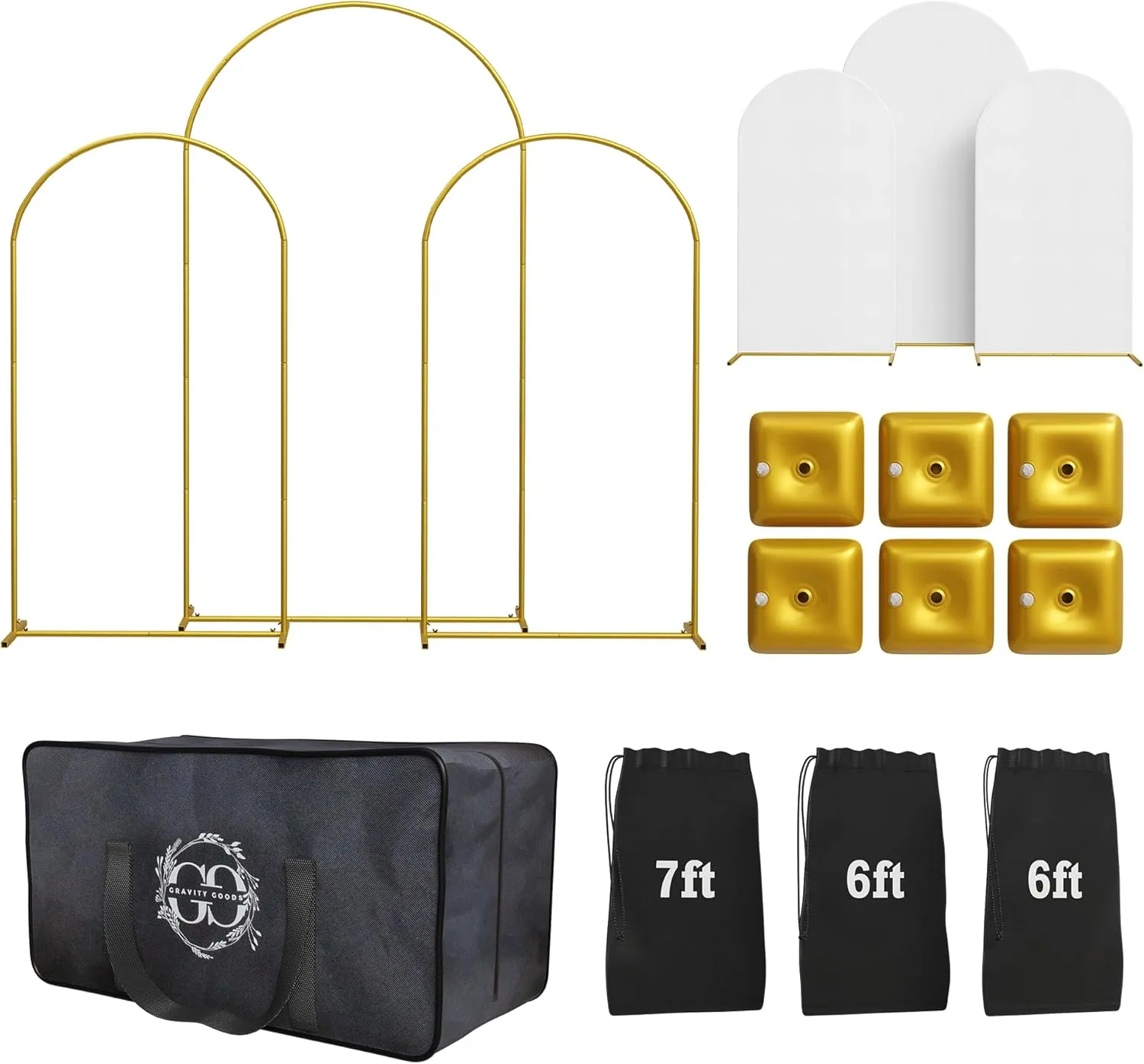 Metal Arch Backdrop Stand Set of 3 Gold with White Spandex Covers – 7ft, 6ft, and 6ft Arches, Carrying Case and Bags, Water Weights for Wedding, Birthday, Party, and Baby Shower Decor