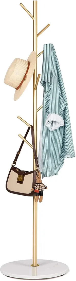 Metal Coat Rack Freestanding, Golden Coat Racks with Heavy Duty Natural Marble Base, Modern Stable Coat Tree Stand with 8 Hooks for Bags, Hats, Entryway, Office