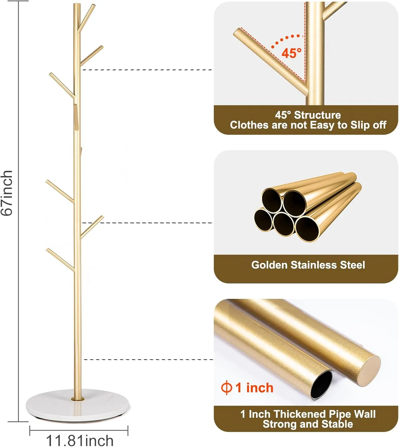 Metal Coat Rack Freestanding, Golden Coat Racks with Heavy Duty Natural Marble Base, Modern Stable Coat Tree Stand with 8 Hooks for Bags, Hats, Entryway, Office