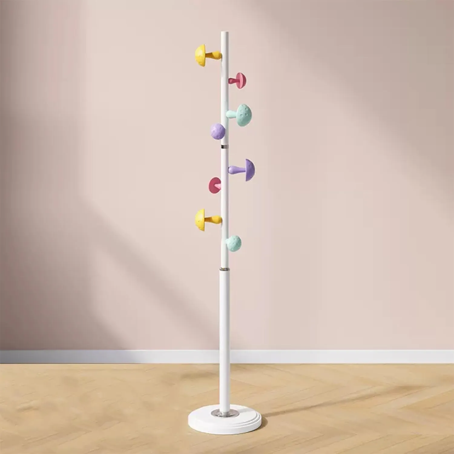 Metal Coat Rack Stand with Mushroom Hooks and 12'' Width Resin Base, Coat Rack Freestanding, Coat Tree, Children's Clothes Hanger Floor-standing, Bag Bracket for Home Entry-way, 68''H White