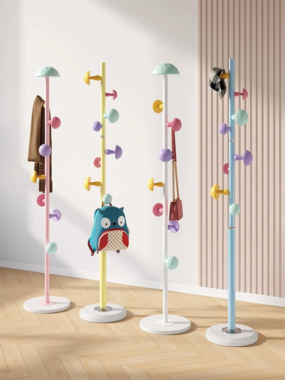 Metal Coat Rack Stand with Mushroom Hooks and 12'' Width Resin Base, Coat Rack Freestanding, Coat Tree, Children's Clothes Hanger Floor-standing, Bag Bracket for Home Entry-way, 68''H White