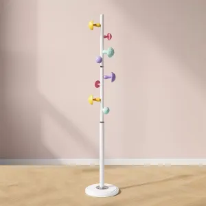 Metal Coat Rack Stand with Mushroom Hooks and 12'' Width Resin Base, Coat Rack Freestanding, Coat Tree, Children's Clothes Hanger Floor-standing, Bag Bracket for Home Entry-way, 68''H White