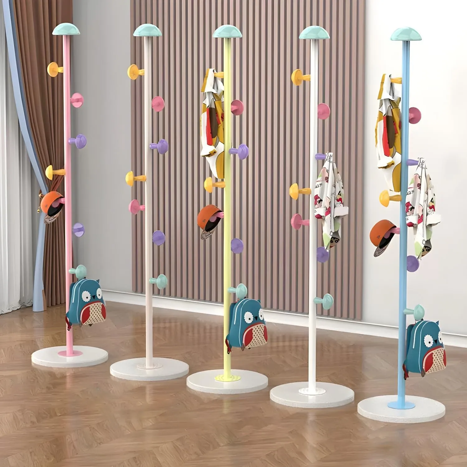 Metal Coat Rack Stand with Mushroom Hooks and 12'' Width Resin Base, Coat Rack Freestanding, Coat Tree, Children's Clothes Hanger Floor-standing, Bag Bracket for Home Entry-way, 68''H White