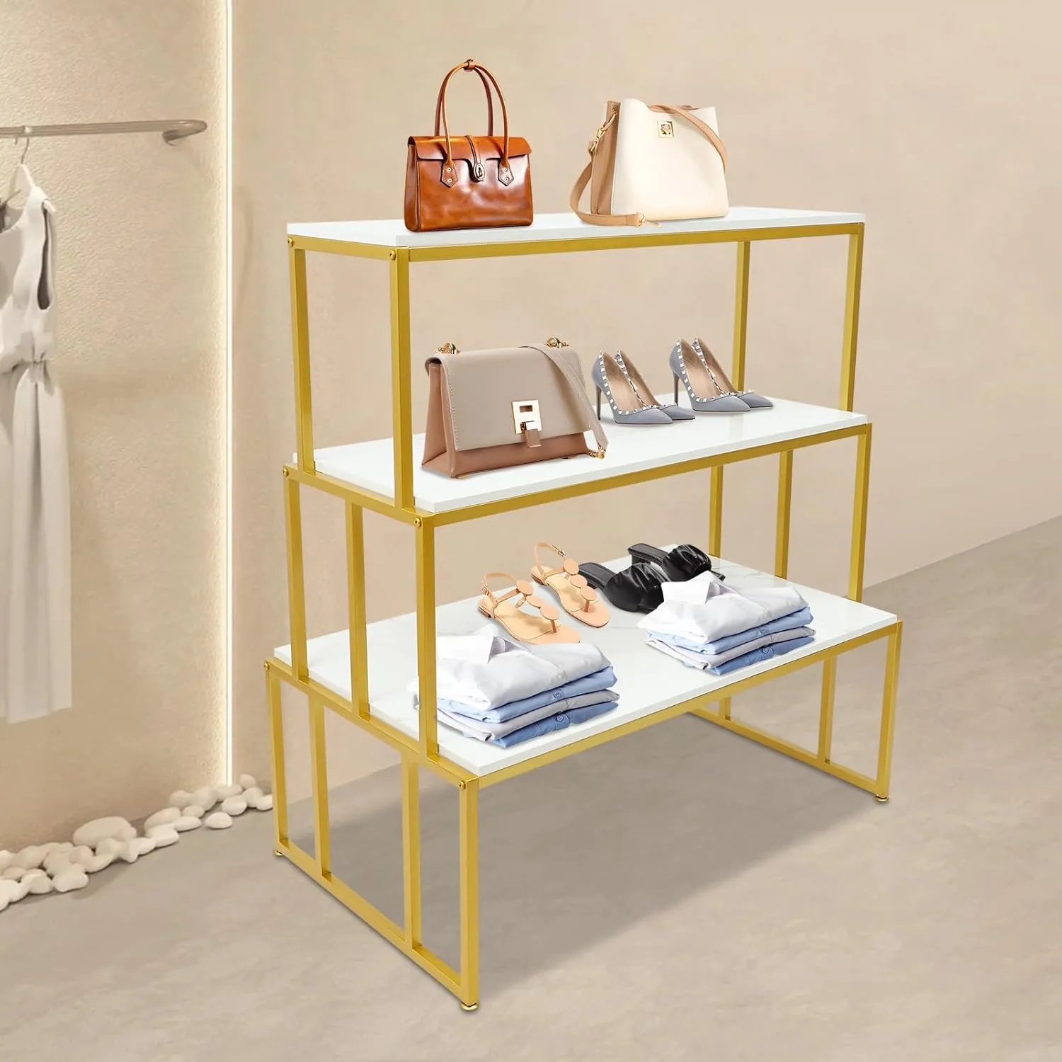 Metal Retail Shoe Display Risers, 3-Tier Heavy Duty Boutique Display Table Large Shoe Rack Modern Gold Handbag Display Stand for Clothing Shop Boutique Stores