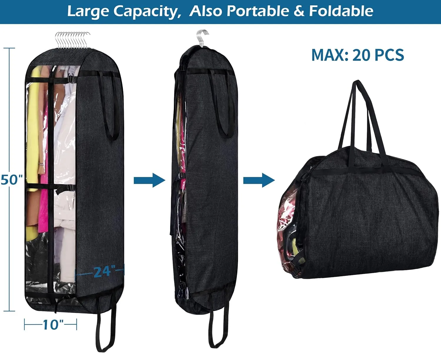 MISSLO Hanging Garment Bags for Travel Suit Bags for Closet Storage 50" Moving Bags for Clothes Dress Cover for Coat, Jacket, Shirt, Clothing, Black