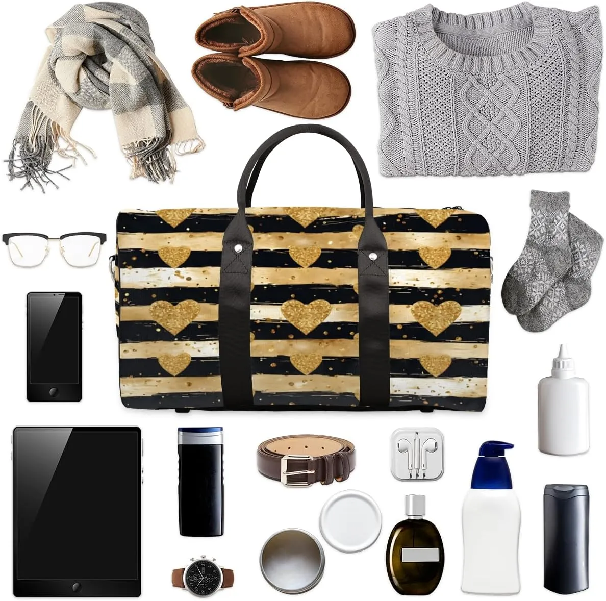 Modern Gold Dots Travel Duffle Bag for Women Men Gym Duffel Foldable Bag Waterproof Weekender Gold Love Duffle Tote