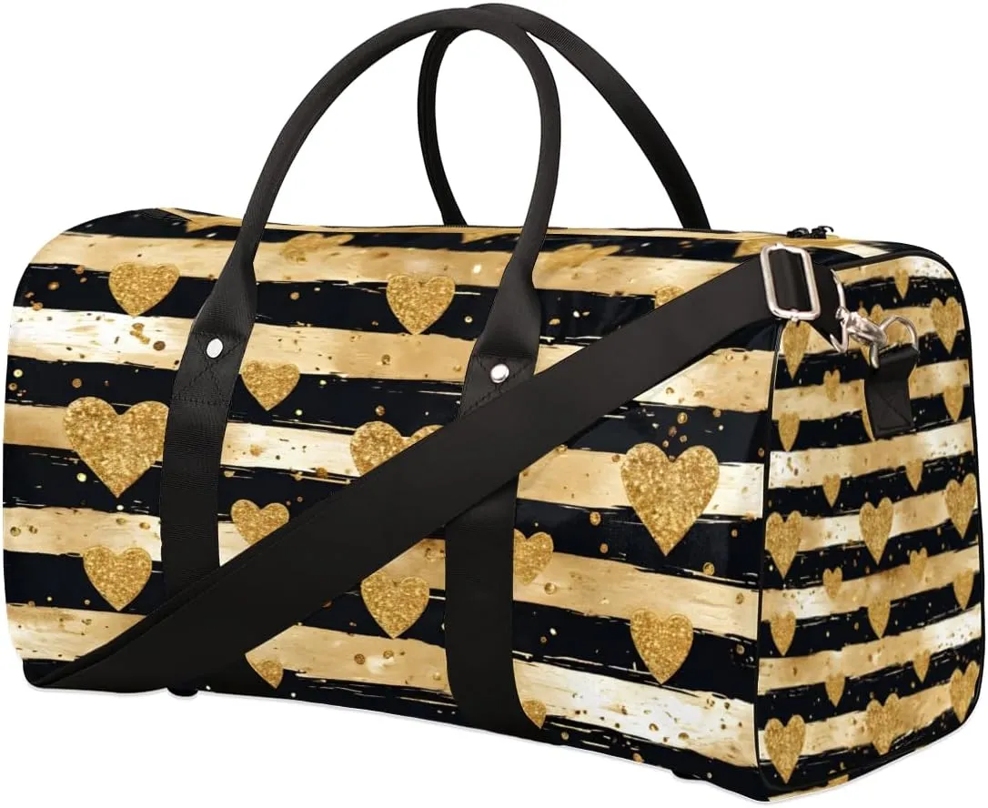 Modern Gold Dots Travel Duffle Bag for Women Men Gym Duffel Foldable Bag Waterproof Weekender Gold Love Duffle Tote