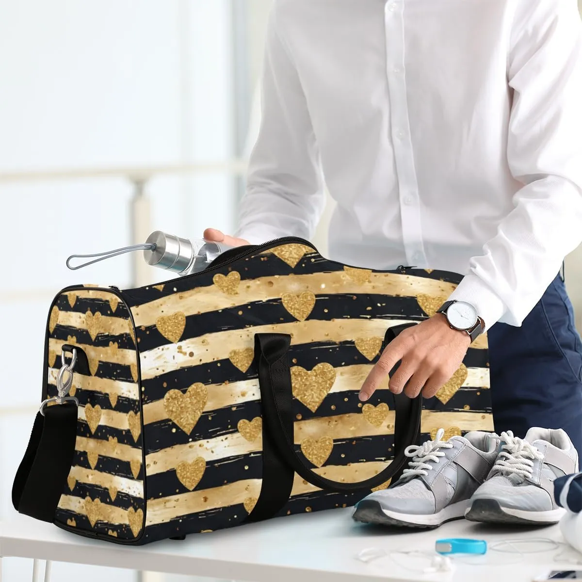 Modern Gold Dots Travel Duffle Bag for Women Men Gym Duffel Foldable Bag Waterproof Weekender Gold Love Duffle Tote