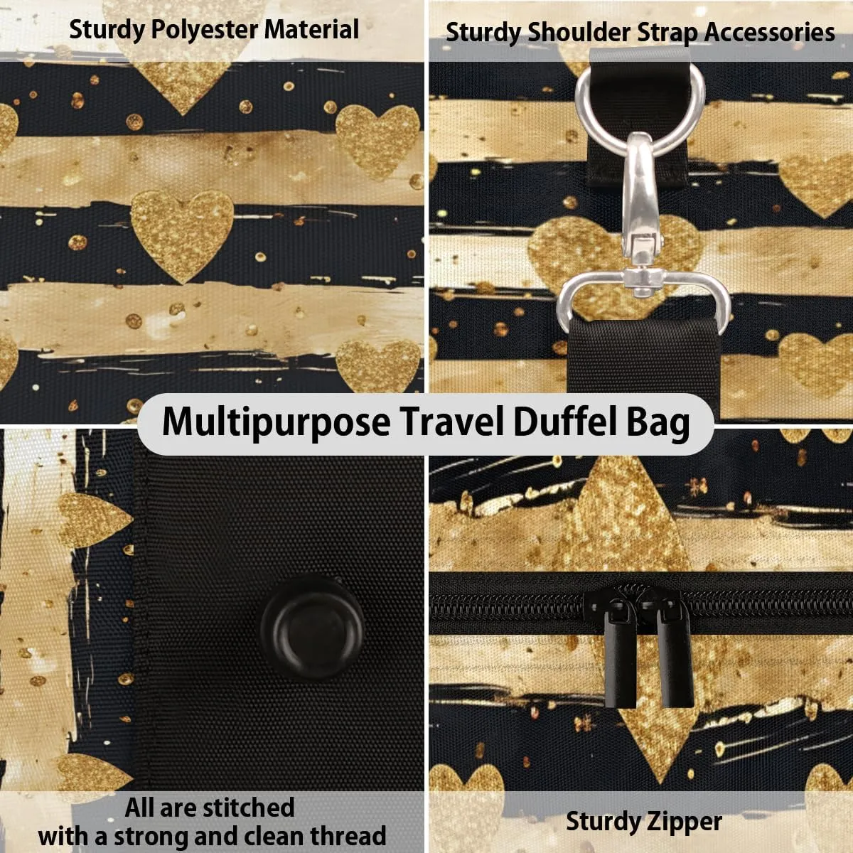 Modern Gold Dots Travel Duffle Bag for Women Men Gym Duffel Foldable Bag Waterproof Weekender Gold Love Duffle Tote