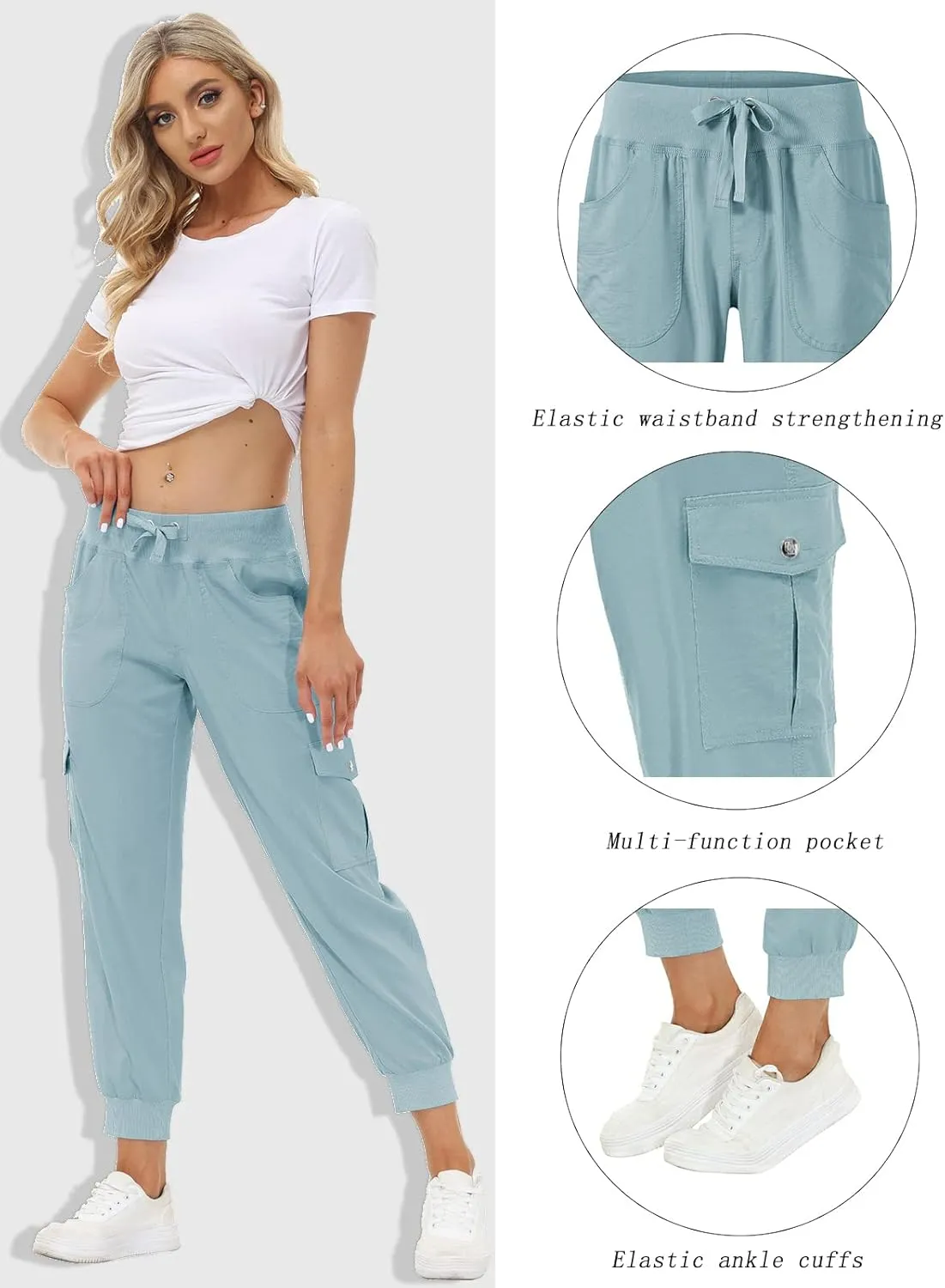 MoFiz Women's Lightweight Hiking Cargo Pants Outdoor Quick Dry Casual Travel Sweatpants Joggers Elastic Waist Button Pockets