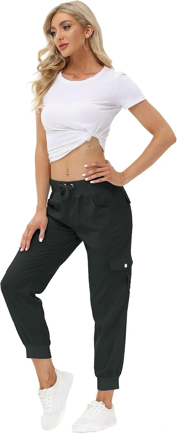 MoFiz Women's Lightweight Hiking Cargo Pants Outdoor Quick Dry Casual Travel Sweatpants Joggers Elastic Waist Button Pockets