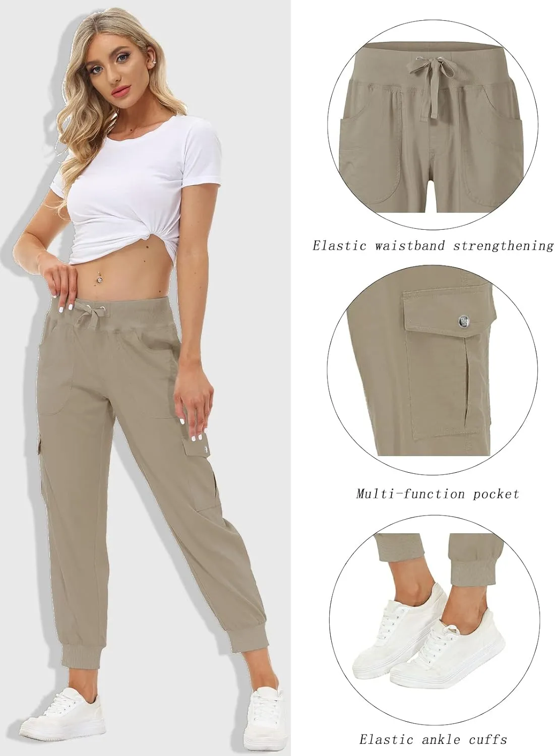MoFiz Women's Lightweight Hiking Cargo Pants Outdoor Quick Dry Casual Travel Sweatpants Joggers Elastic Waist Button Pockets