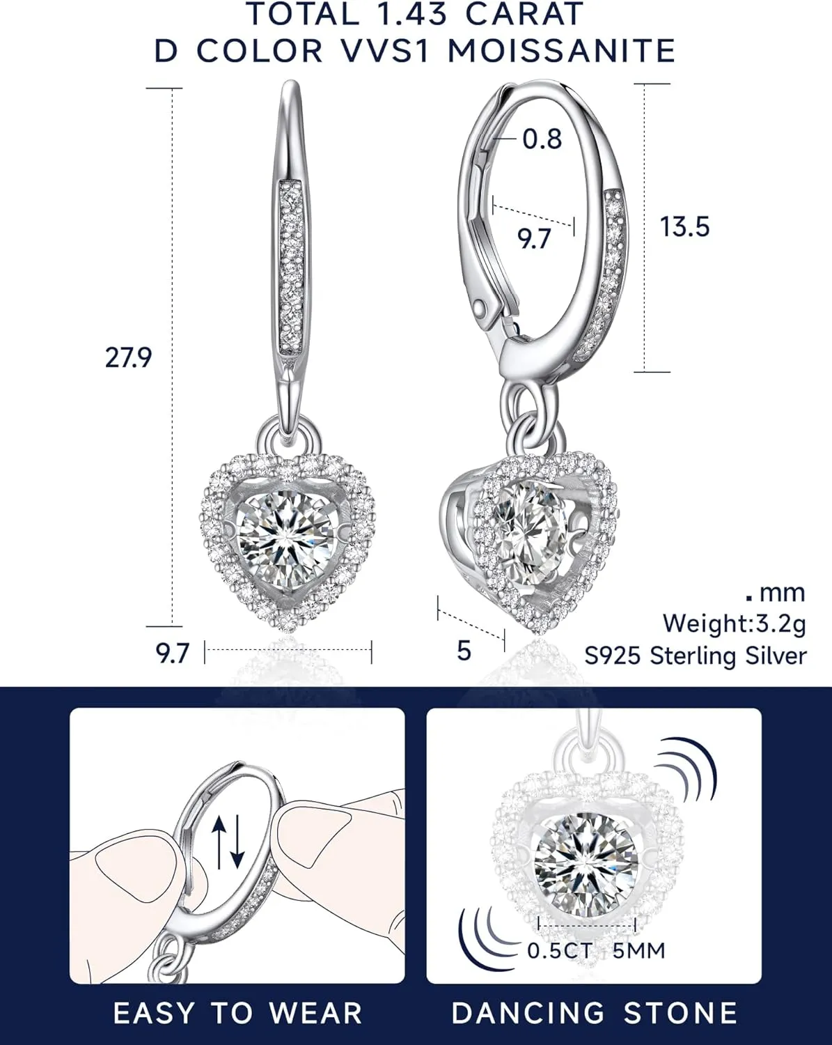 MomentWish Drop Earrings for Women, Women's Gift for Valentine Birthday, D Color VVS1 Dancing Moissanite Earrings, 925 Sterling Silver Dangle Earrings