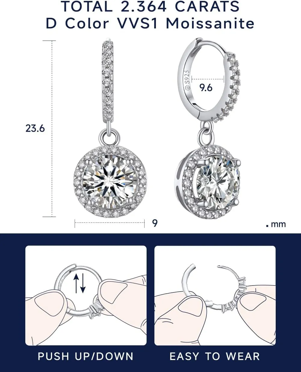 MomentWish Drop Earrings for Women, Women's Gift for Valentine Birthday, D Color VVS1 Dancing Moissanite Earrings, 925 Sterling Silver Dangle Earrings