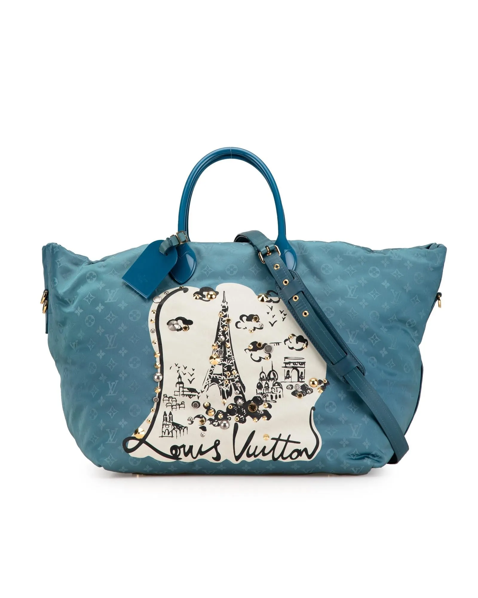 Monogram Nylon Beach Bag with Leather Handles and Detachable Strap