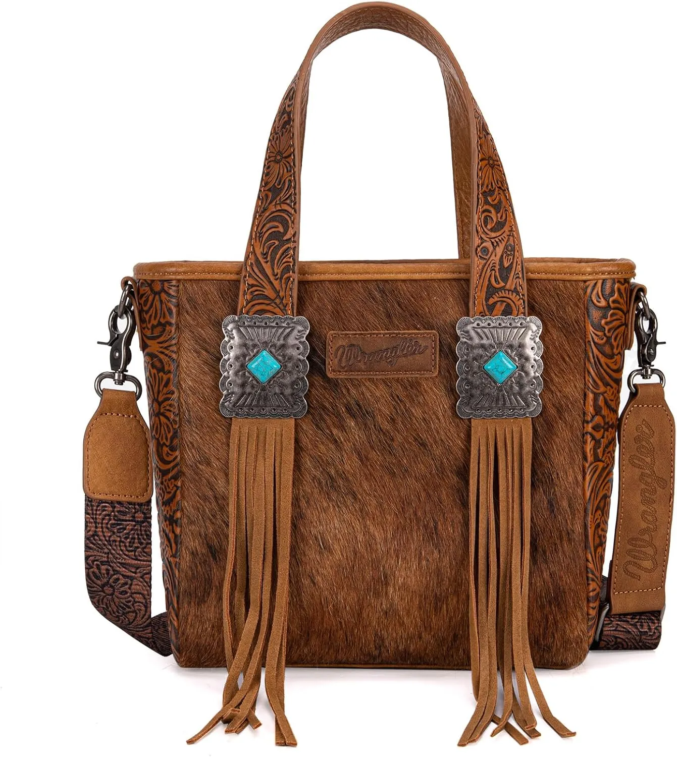 Montana West X Wrangler Cowhide Tote Bag for Women Western Tooling Handbag Leather Fringing With Turquoise Stone Concho