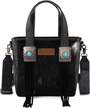 Montana West X Wrangler Cowhide Tote Bag for Women Western Tooling Handbag Leather Fringing With Turquoise Stone Concho